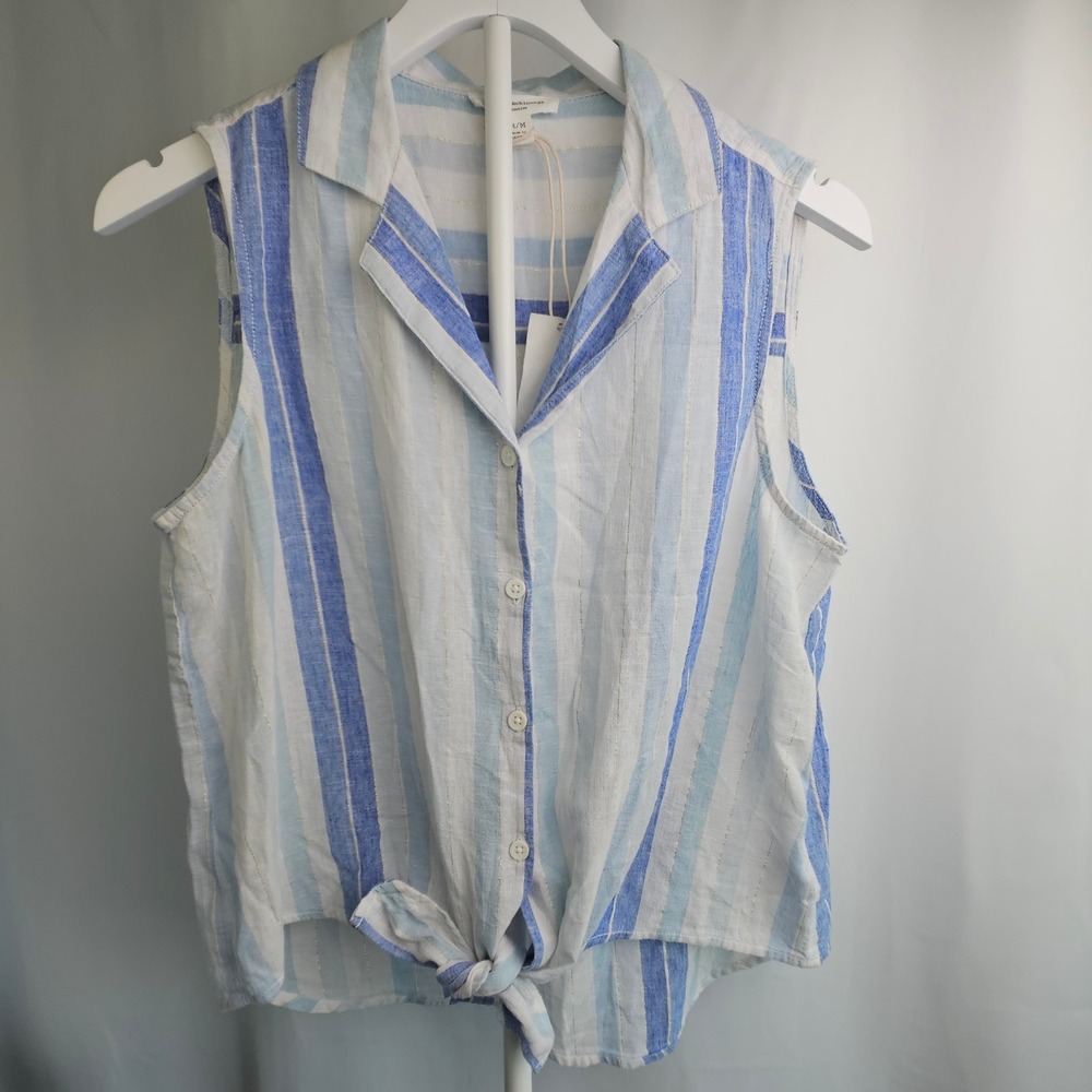 Beach Lunch Lounge Women Blue Striped Linen Blend Tie Front Tank Top Gold Thread